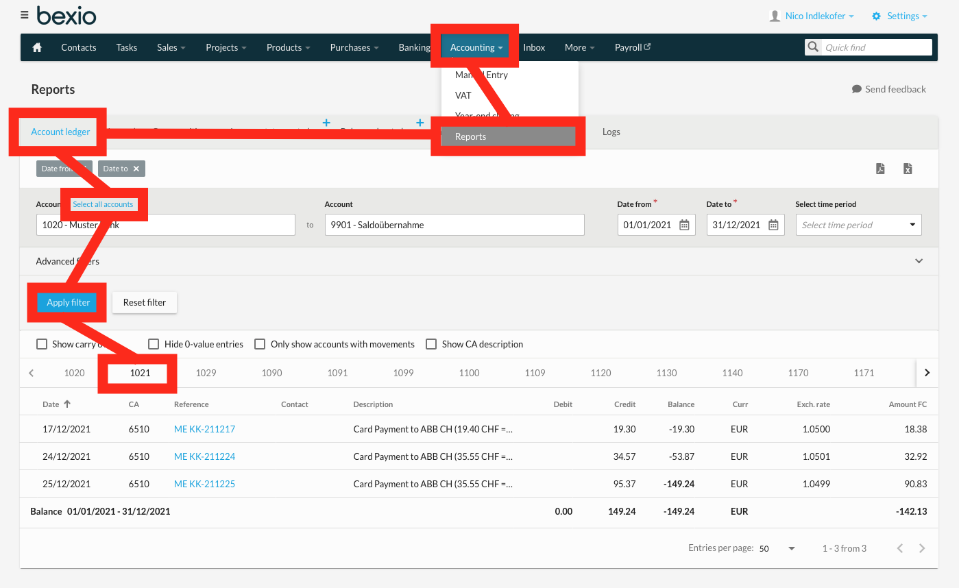 View transactions in account ledger