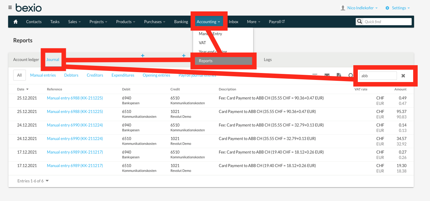 View transactions in bexio journal