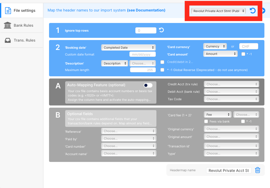 Revolut Transactions Header Template for Import in Bexio