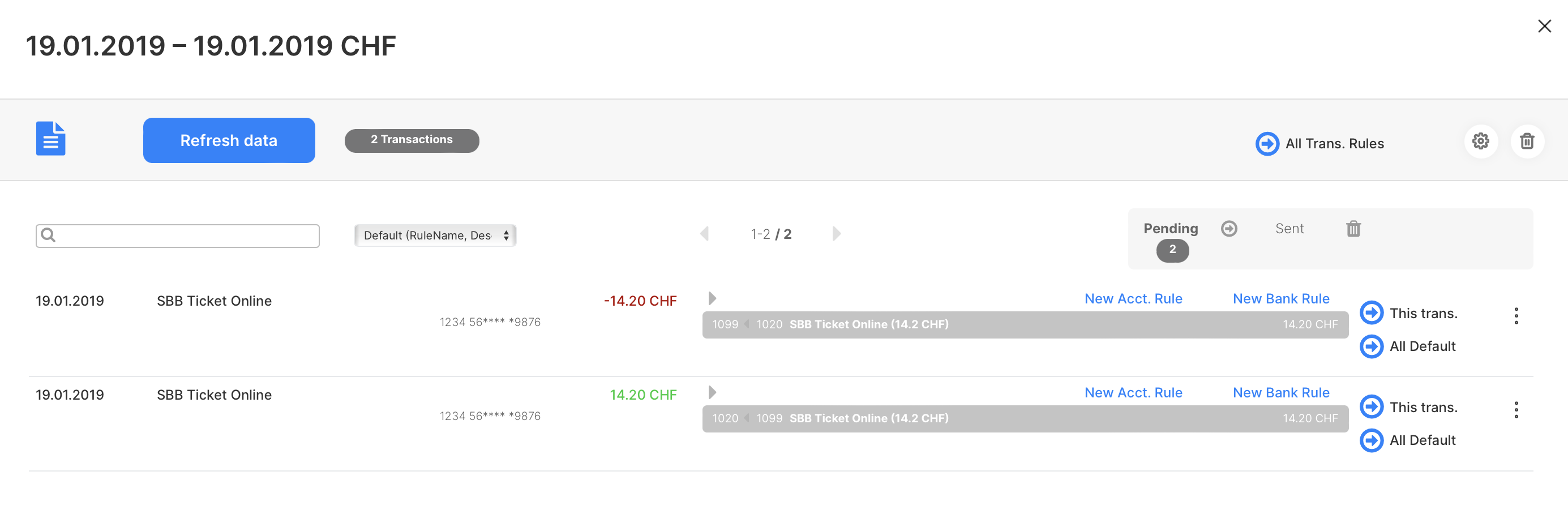 Swisscard AECS result for import in bexio