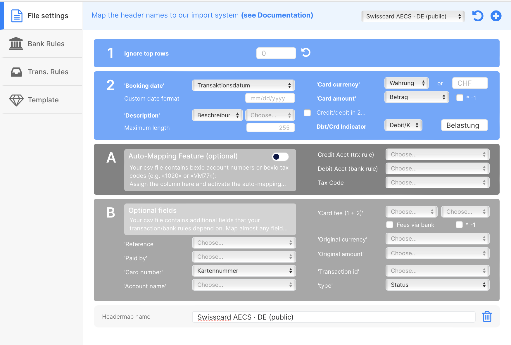 Swisscard AECS in German header template for import in bexio