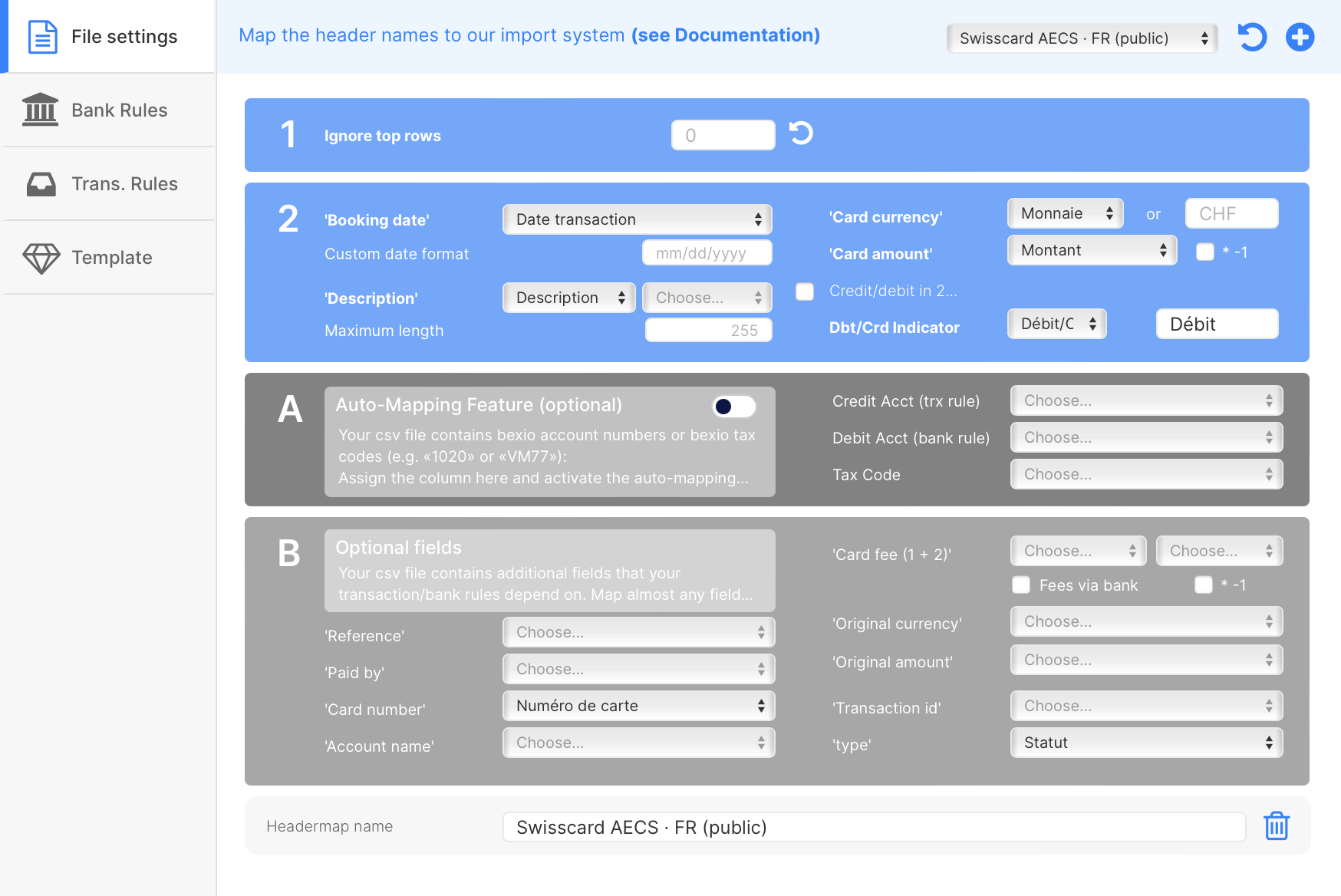 Swisscard AECS in French header template for import in bexio