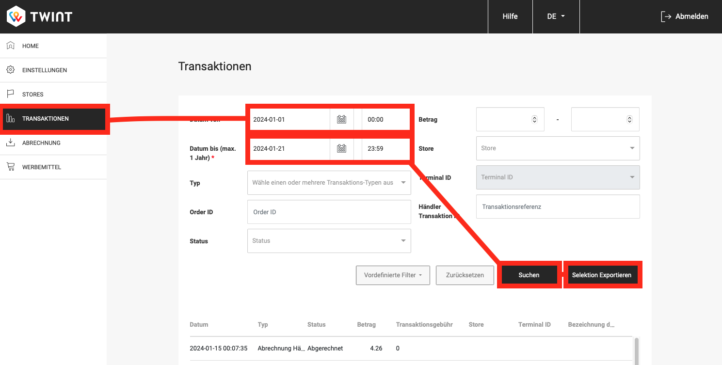 Download twint transactions in twint portal