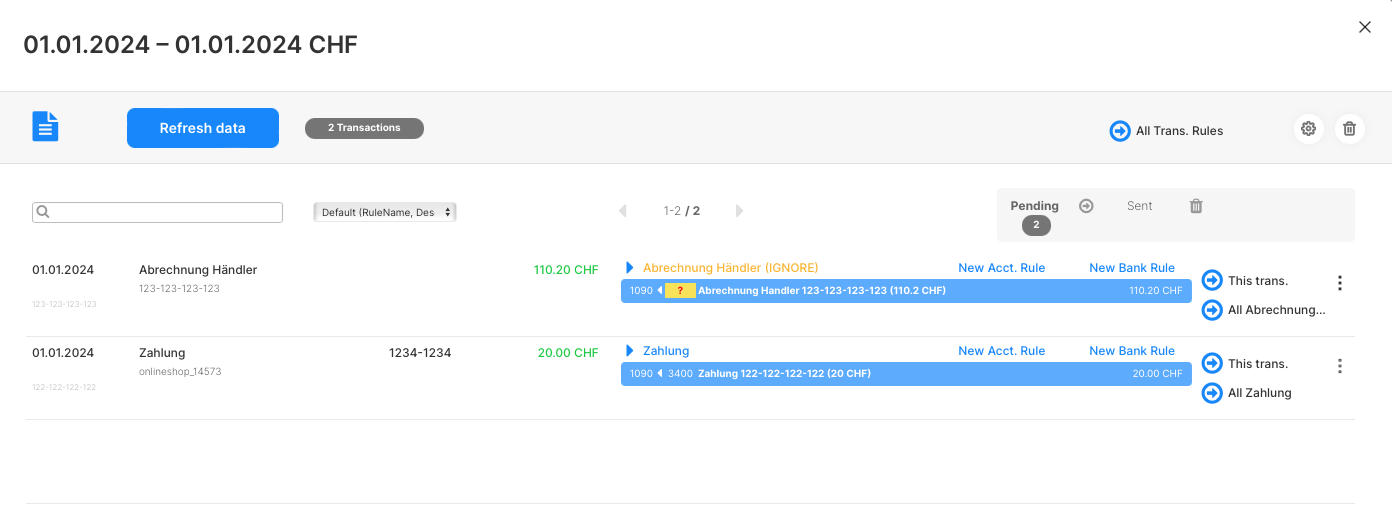 Wise result for import in bexio