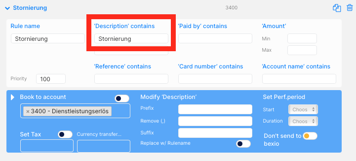 Charge Transaction Rule for Twint Import in Bexio