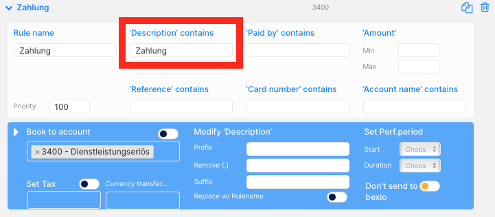 Charge Transaction Rule for Twint Import in Bexio