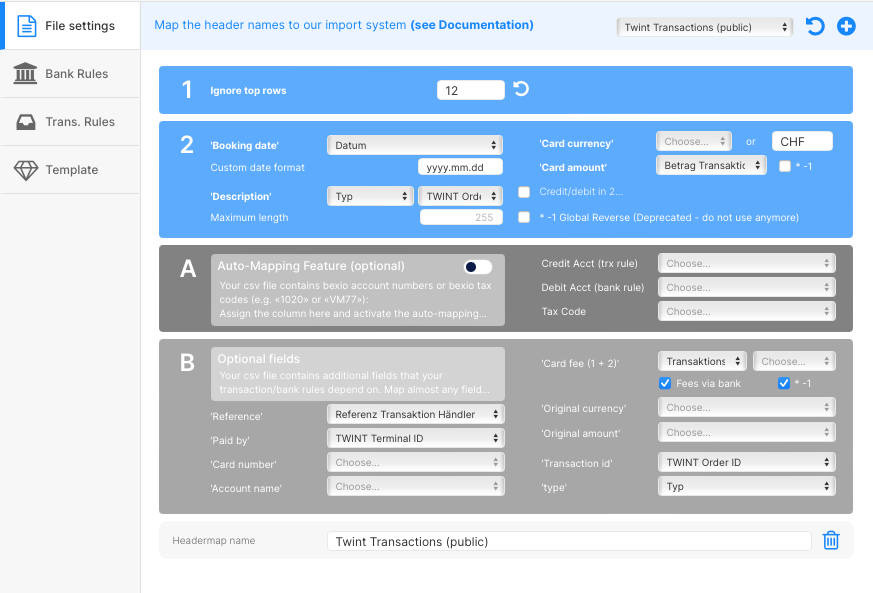 Twint Transactions header template for import in bexio