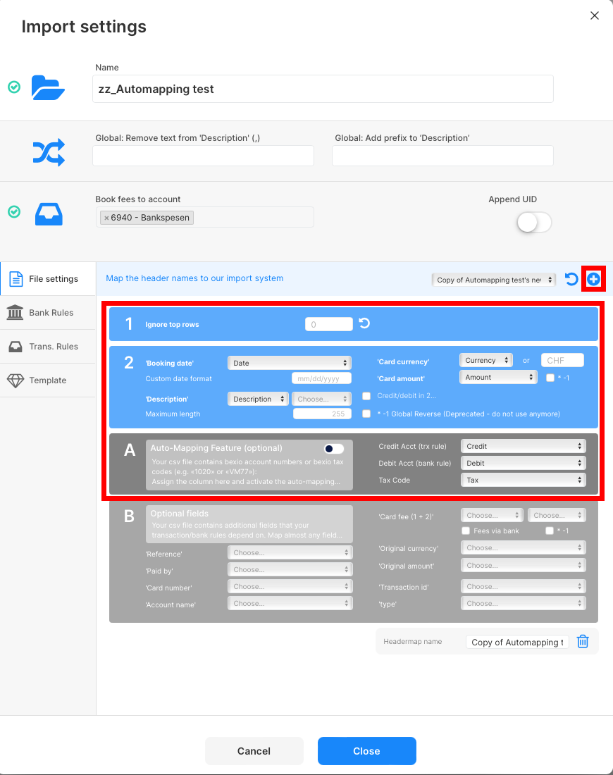 Importsettings for import in bexio