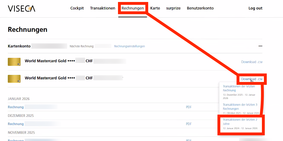 Viseca Download Button in All Transactions