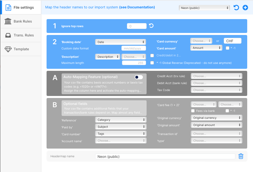 Neon header template for import in bexio