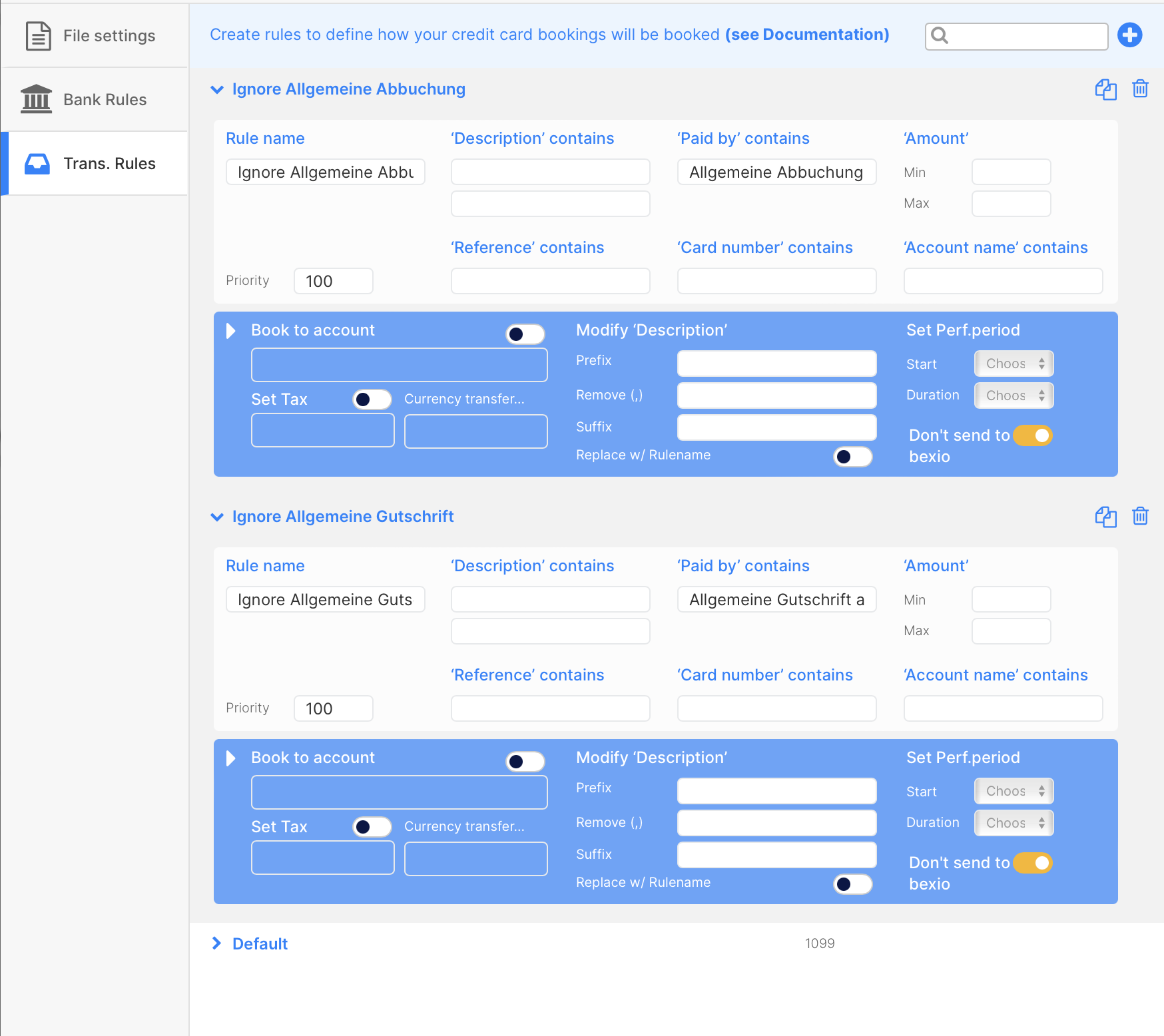 Additional transaction rules for import in bexio
