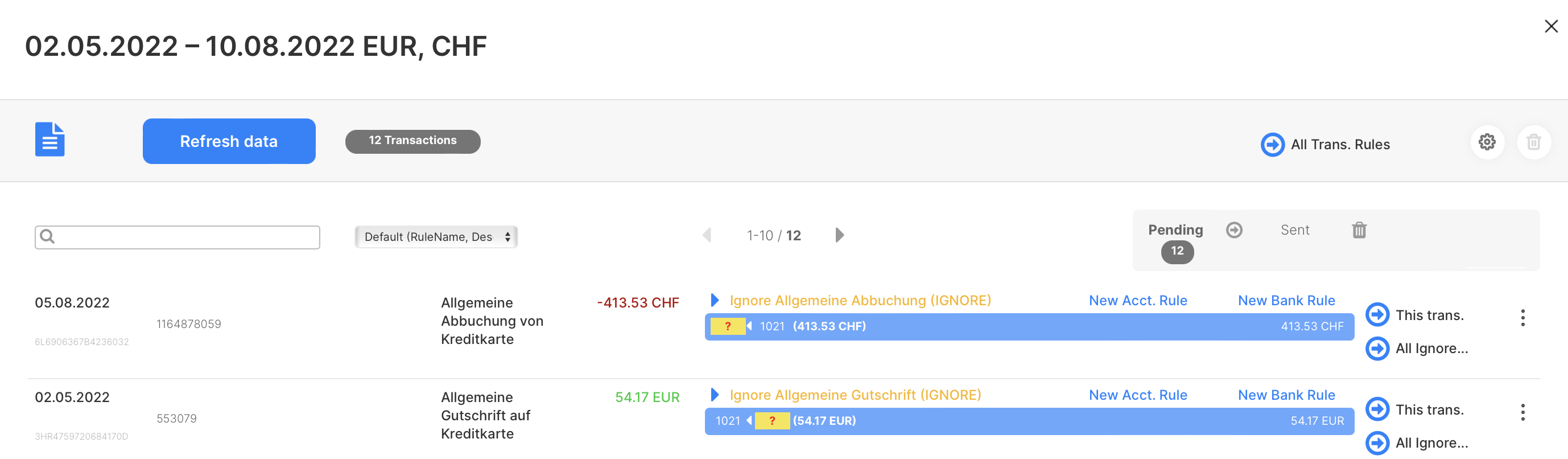 Paypal DE result for import in bexio