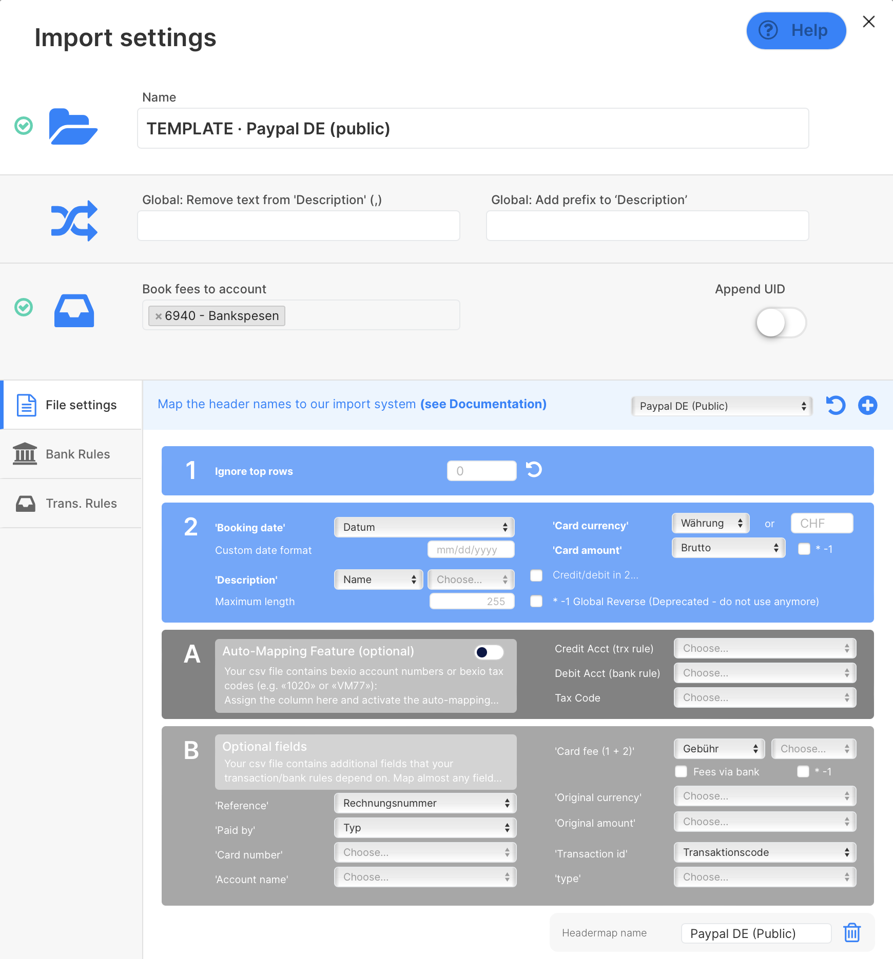 Paypal header template for import in bexio