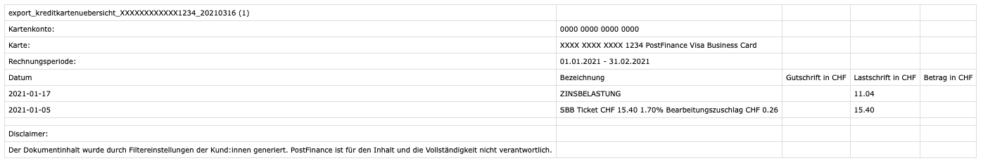 PostFinance Credit Card CSV file for import in bexio