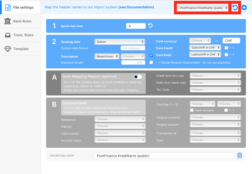 PostFinance Credit Card header template for import in bexio
