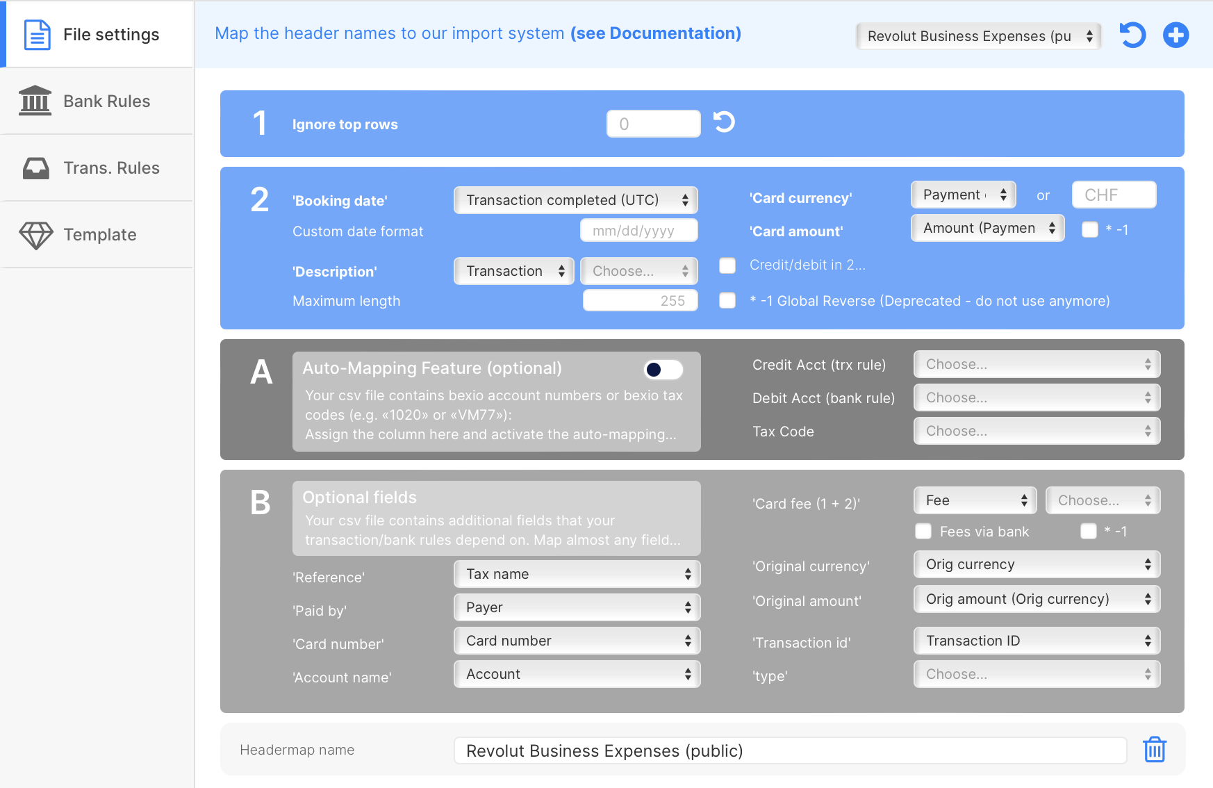 Revolut Header Template for Import in Bexio