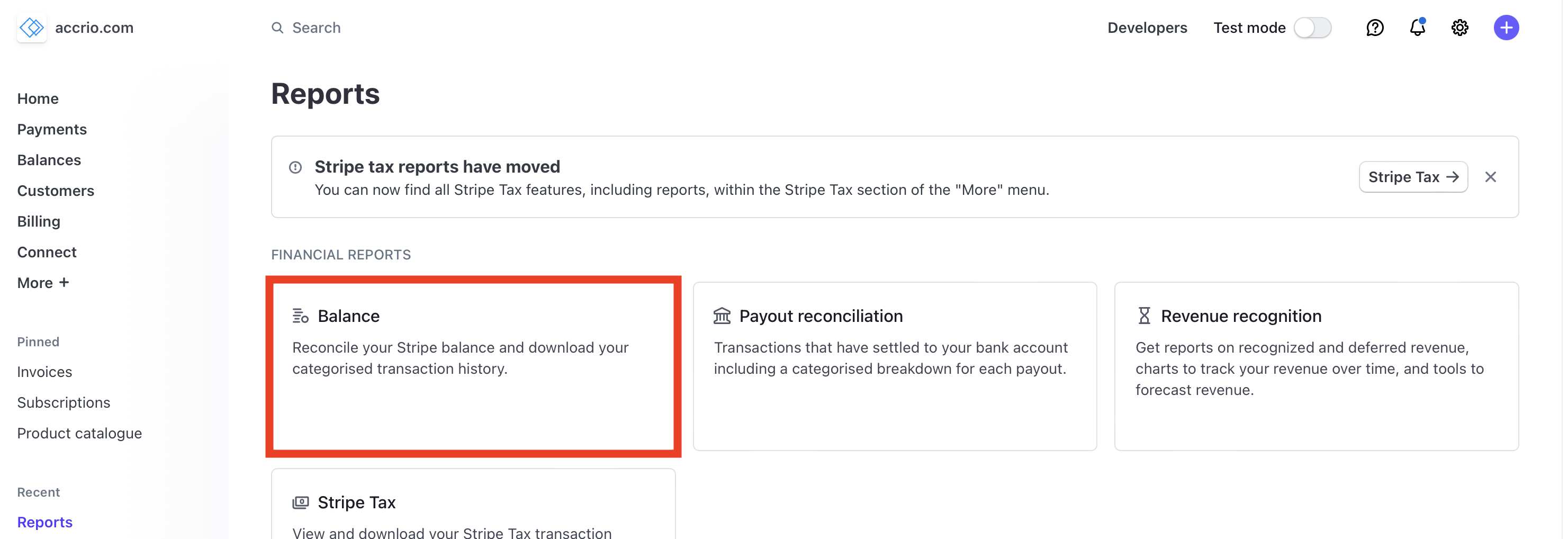 Go to balance in Stripe Dashboard