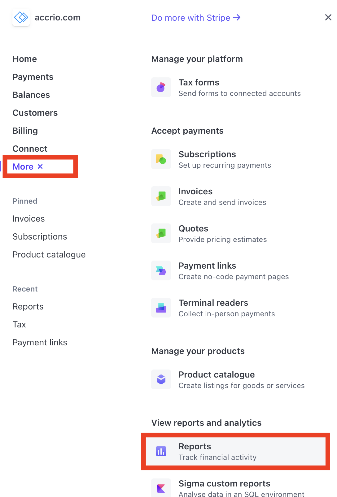 Go to reports in Stripe Dashboard