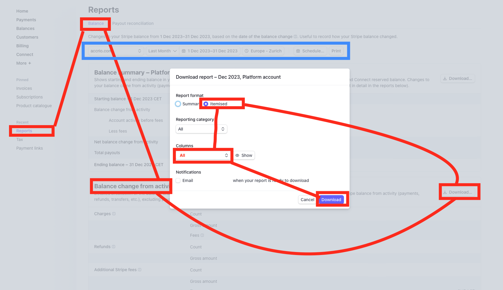 Download balance change from activity in Stripe
