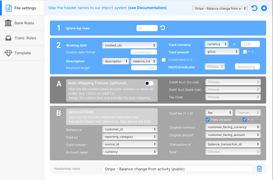 Stripe Transactions Header Template for Import in Bexio