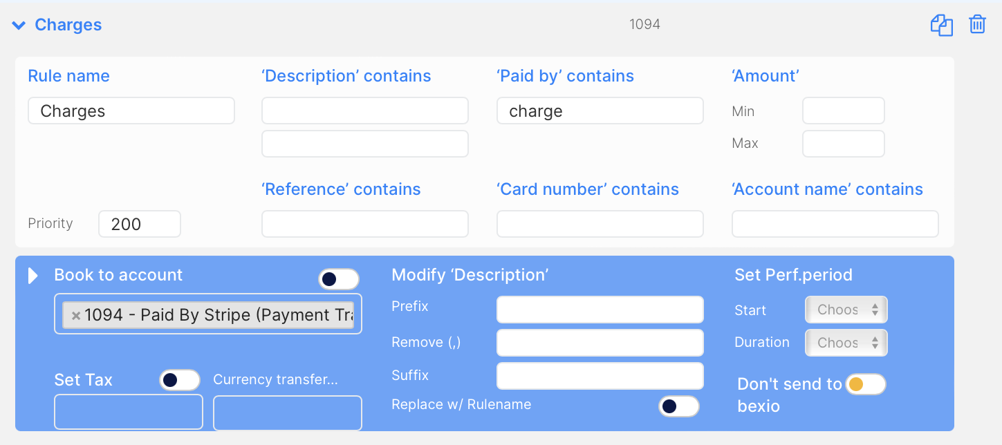 Charge Transaction Rule for Stripe Import in Bexio