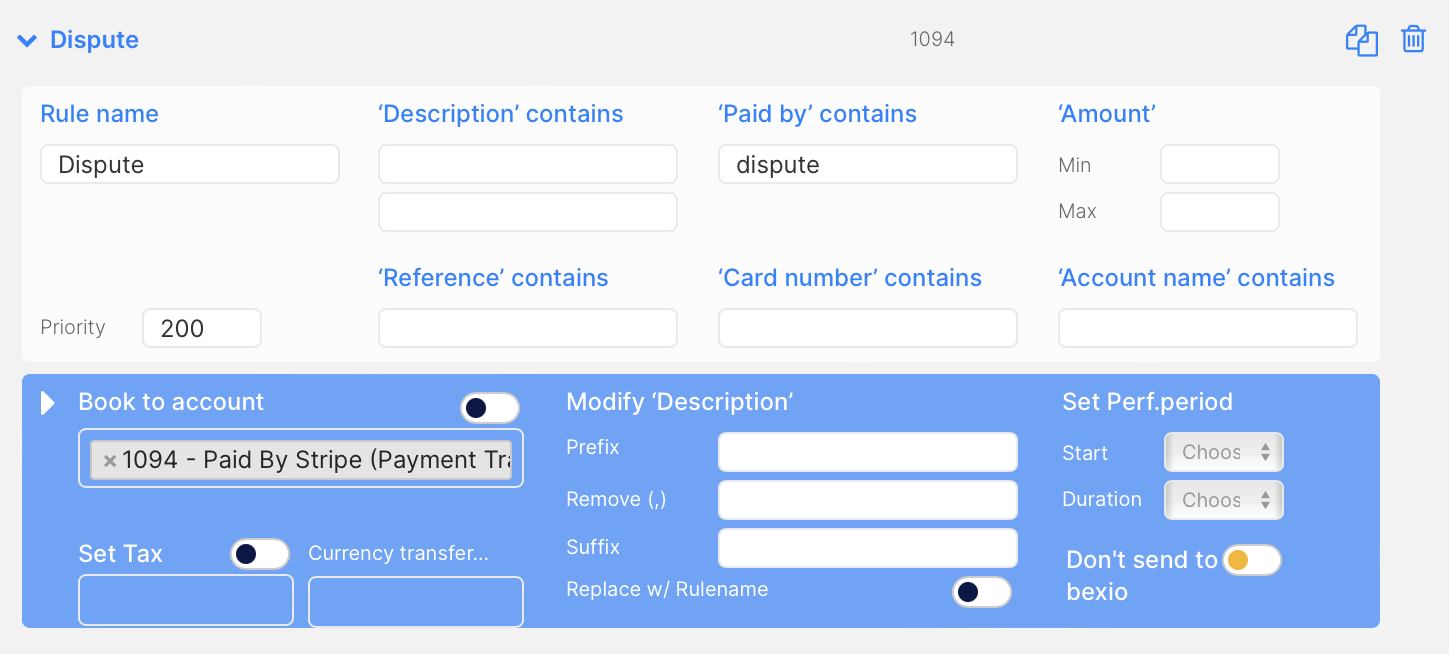 Dispute Transaction Rule for Stripe Import in Bexio