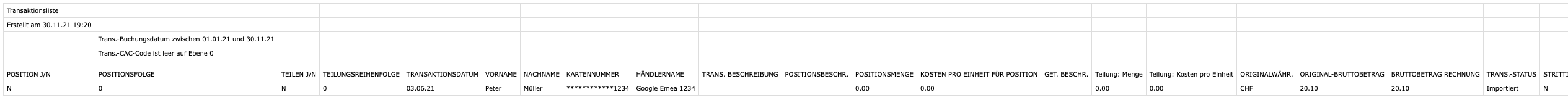 Viseca CSV file for import in bexio