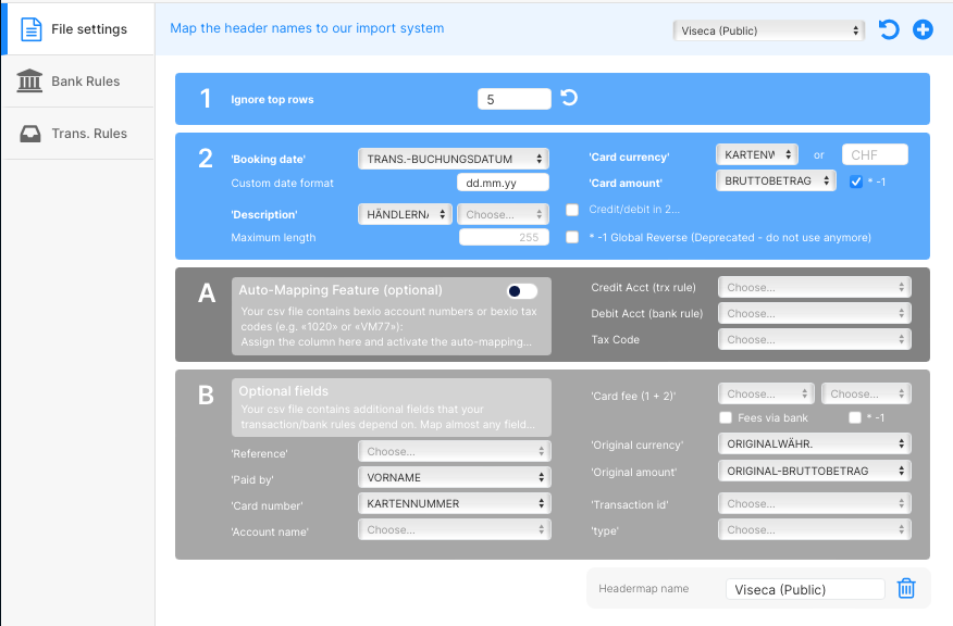 Viseca header template for import in bexio