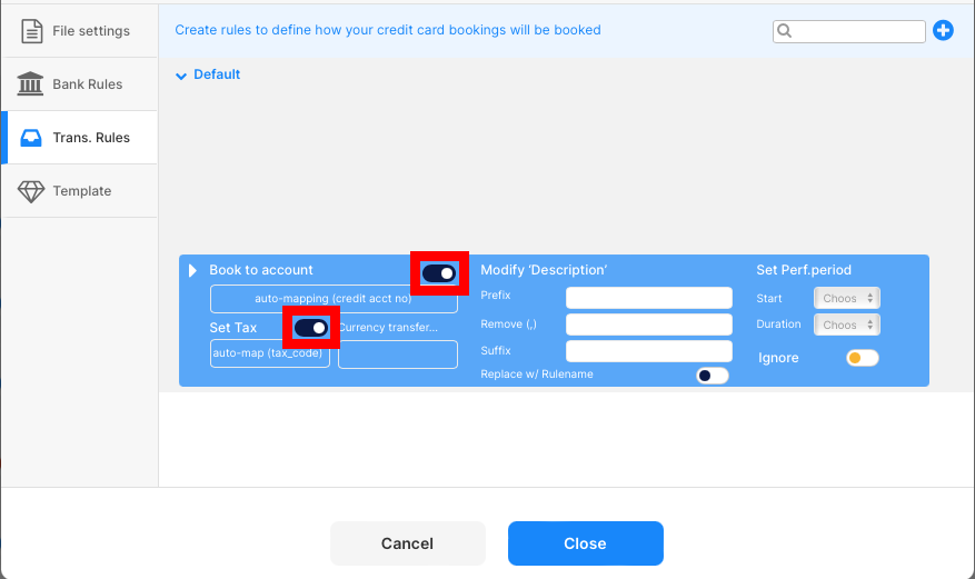 Importsettings for import in bexio