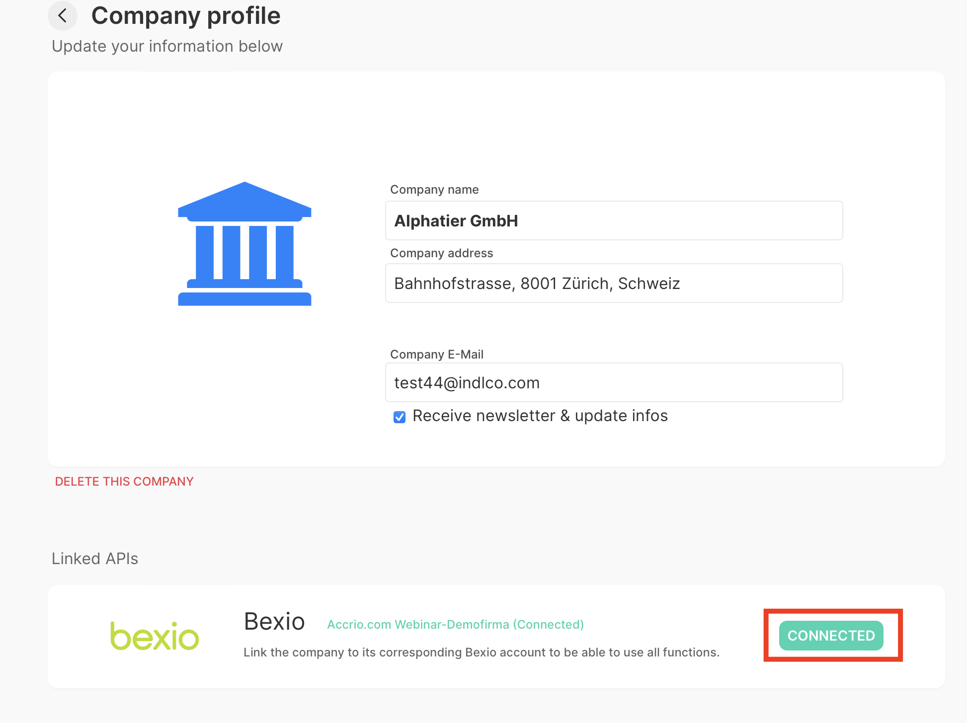 Open company settings in accrio