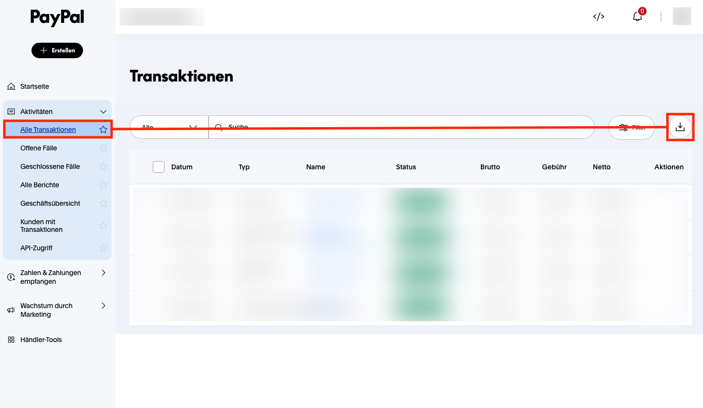 Paypal Download Button in All Transactions