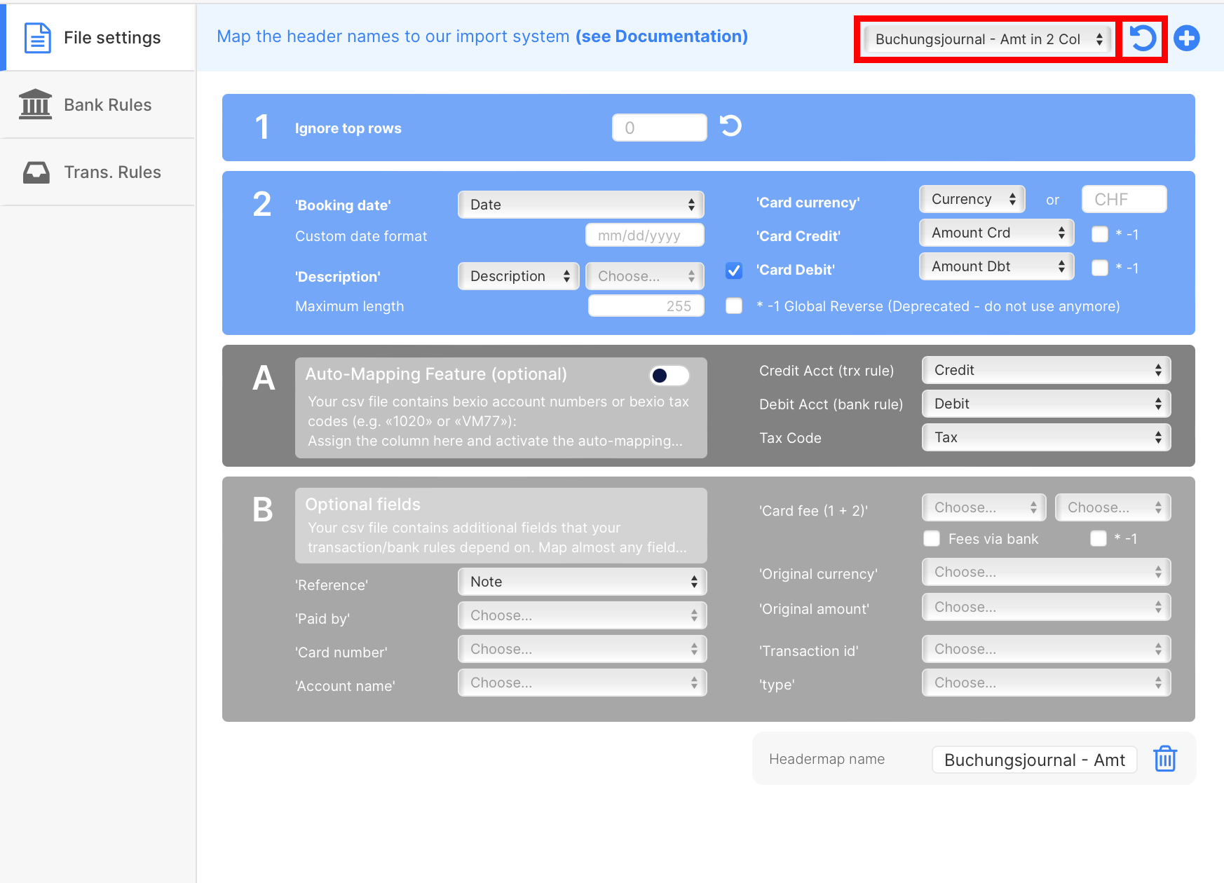 Journal bookings in 2 columns for import in bexio