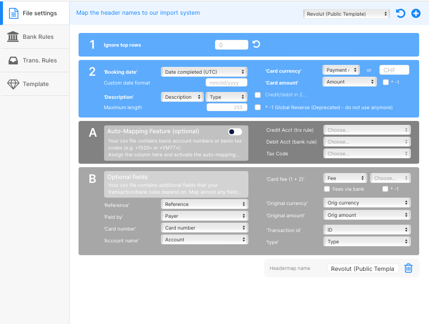 Revolut Transactions Header Template for Import in Bexio