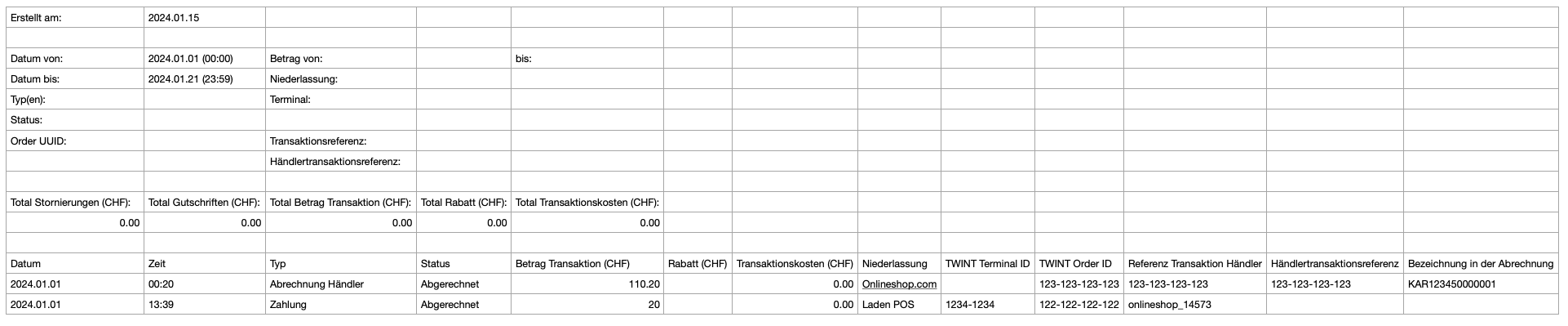 Twint Transactions CSV file for import in bexio