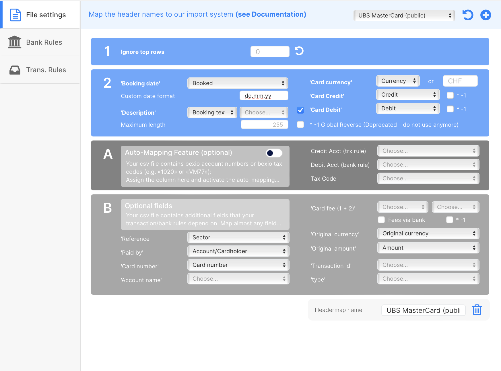 UBS MasterCard/VISA header template for import in bexio